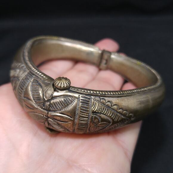 Vintage Tribal Embossed Bracelet w/ Plunger Clasp, Gold Wash, 1940s - Picture 9 of 10